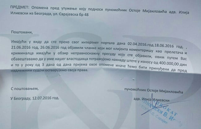 Mijailović tuži čačanski portal 1 Tužba Ostoja Mijailović