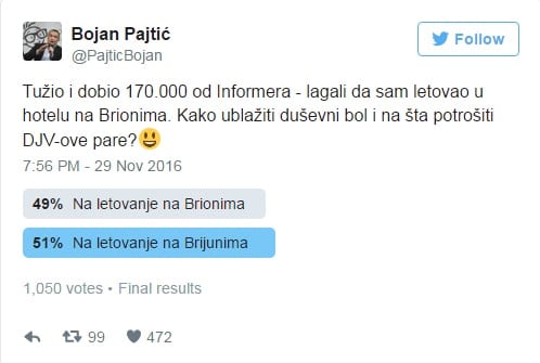 Pajtić dobio 170.000 od Informera 1 informer