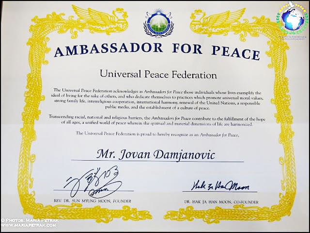 Jovan Damjanović imenovan za Ambasadora Mira 3 Romi-potvrda