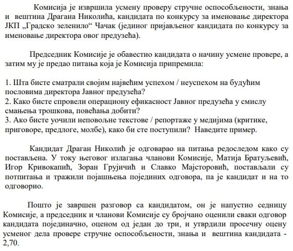 Komisija predložila direktora JKP Gradsko zelenilo 2 pitanja