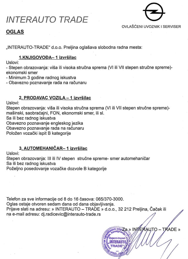 Ponude za zaposlenje 1 Oglas-Interauto