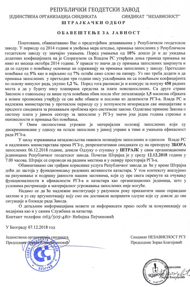Zastoj u radu Katastra zbog štrajka 1 zavod