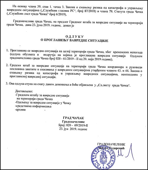 Uzbunjivanje građana 1 Odluka o proglasenju vanredne situacije u čačku