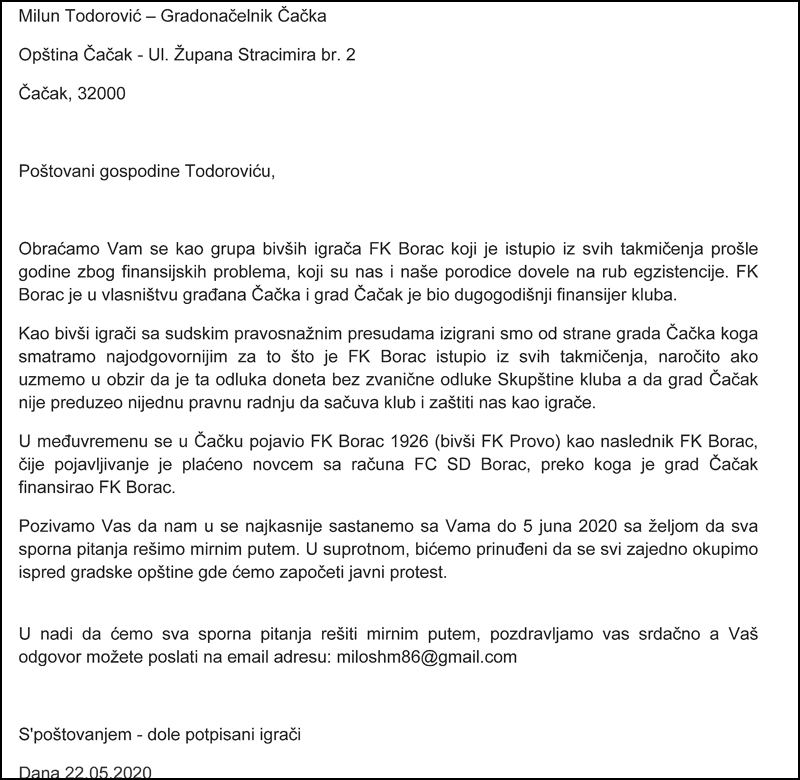 Fudbaleri Borca traže zarade: Izigrani smo, sledi protest kakav još nije zabeležen 2 Dopis fudbalera Grad Cacak