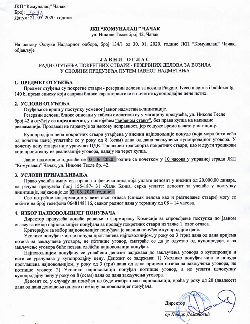 JKP "Komunalac": Oglas za licitaciju 1 Komunalac oglas vozilo
