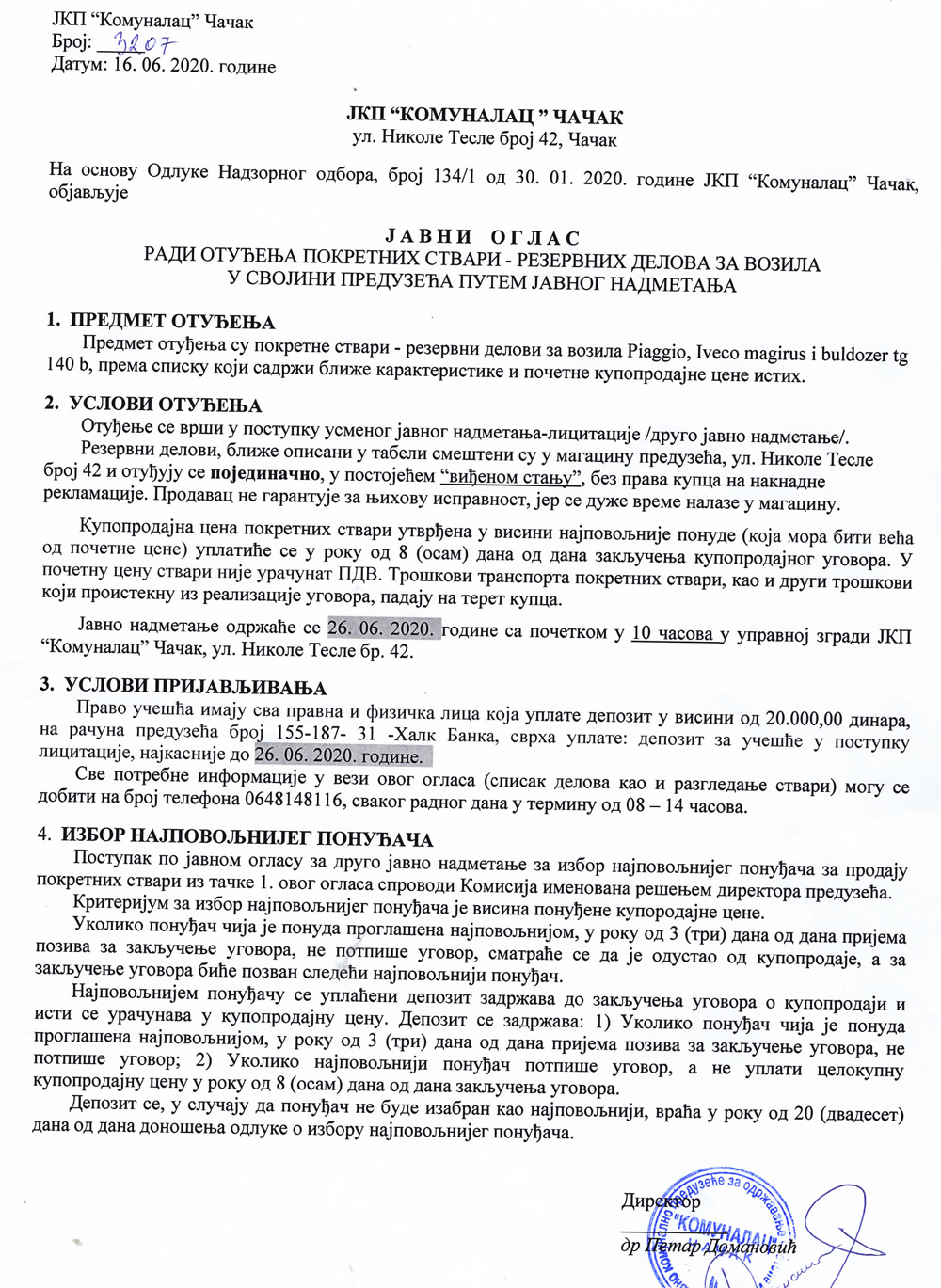 Oglas JKP "Komunalac" 1 Komunalac ponovlj. oglas 16.06.20 1