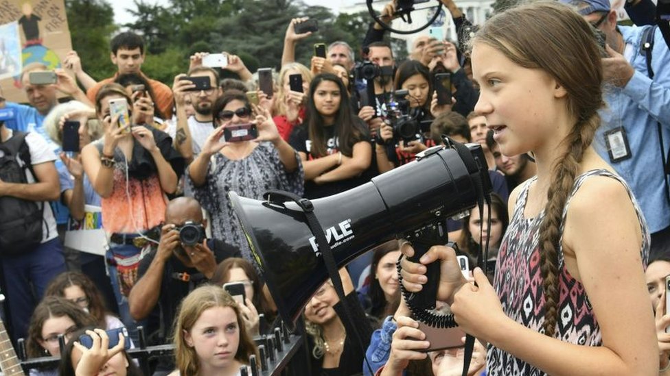 Swedish environment activist Greta Thunberg speaks at a climate protest outside the White House in Washington, DC on September 13, 2019.