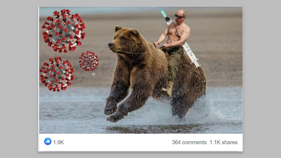 Korona virus i ruska vakcina: Mimovi sa Putinom preplavili društvene mreže 1 An image of Vladimir Putin superimposed onto a bear with a large syringe slung on his back