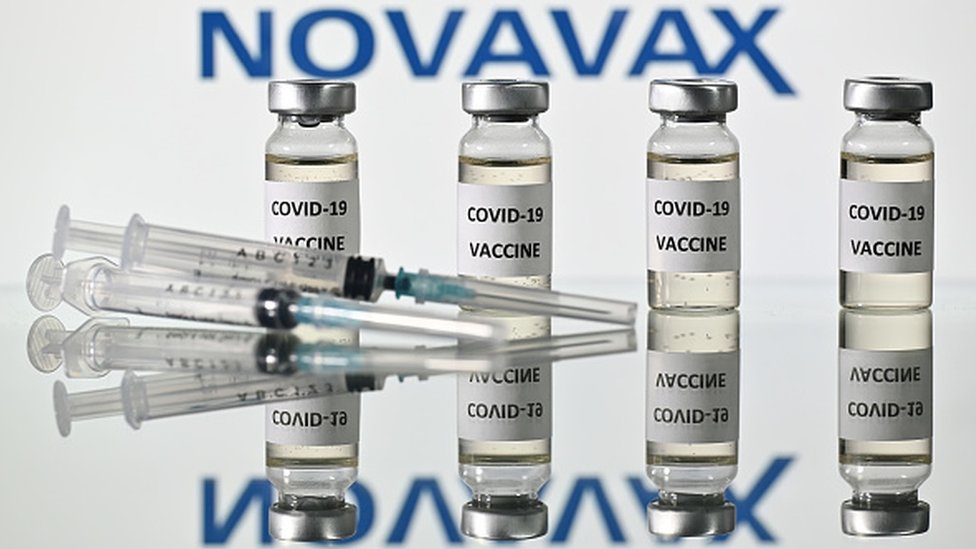 Image shows vials of Novavax Covid-19 vaccine and syringes