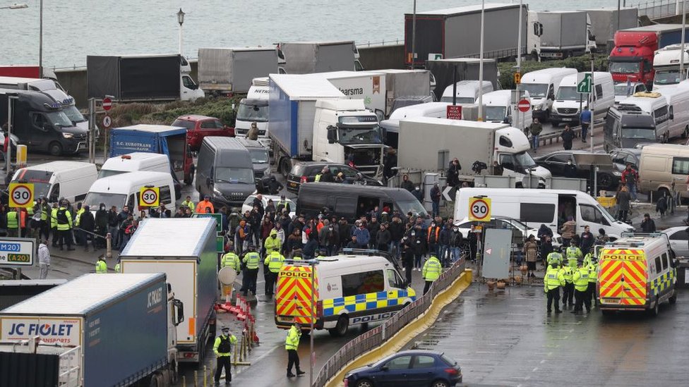 Traffic blocks the roads around the Port of Dover in Kent