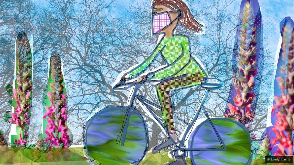 Colourful illustration of a woman cycling, wearing a face mask.