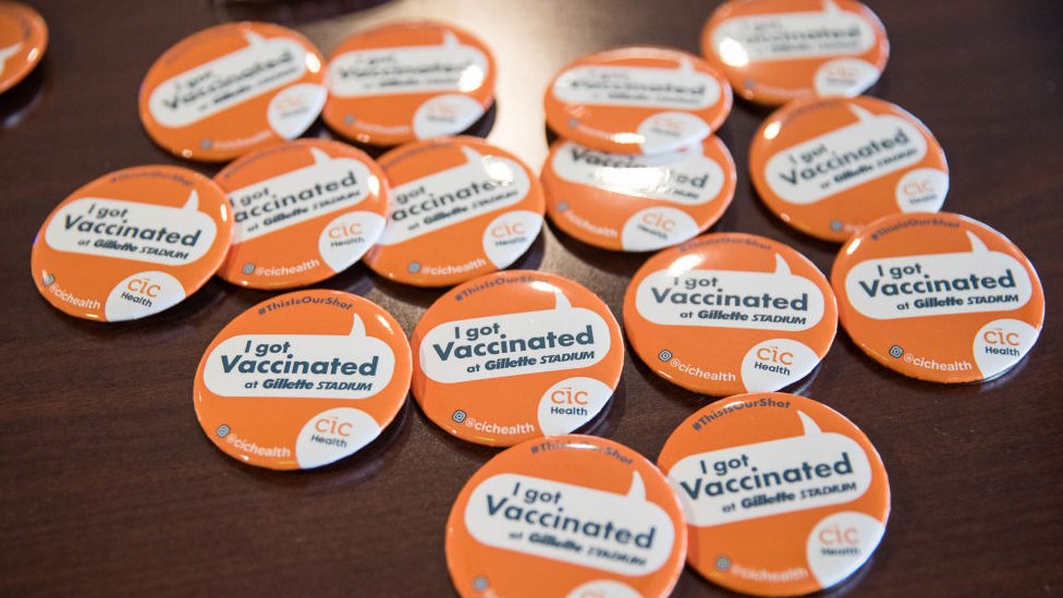 Pins for people who have been vaccinated at Gillette Stadium's vaccination site on January 15, 2021 in Foxborough, Massachusetts