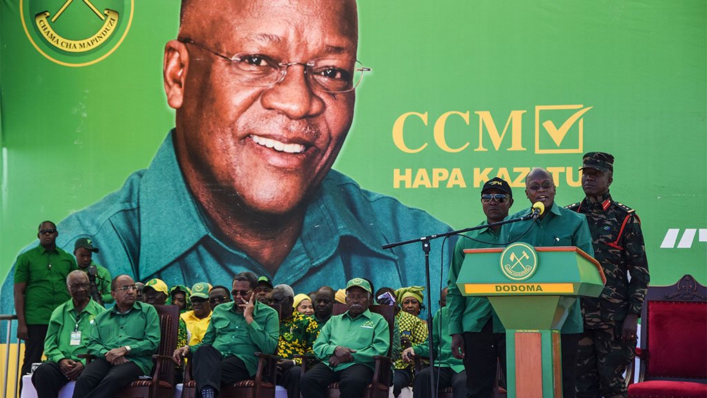 John Magufuli (2nd R) speaks during the official launch of his party's campaign for the October general election at the Jamhuri stadium in Dodoma, Tanzania, on 29 August, 2020