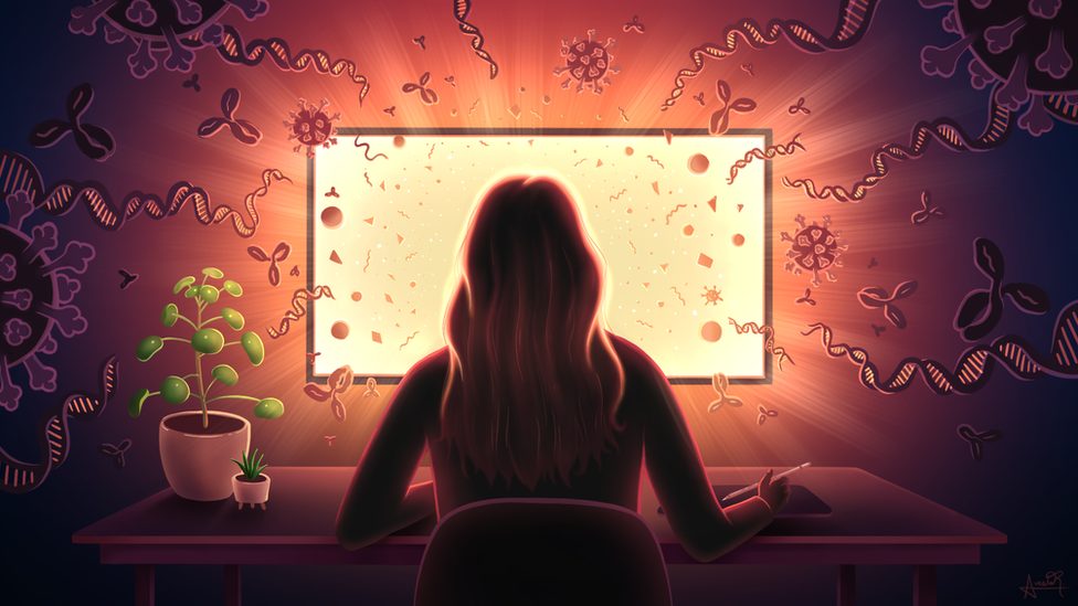 Avesta Rastan sitting, near a plant and at a computer screen with images and icons related to the virus and DNA surrounding her