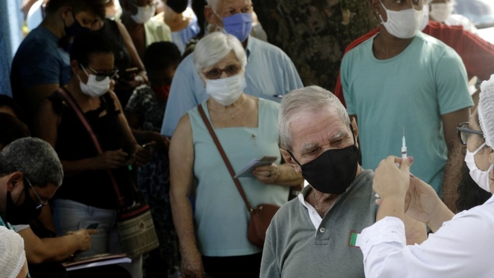 Elderly people receiving their jab in Brazil