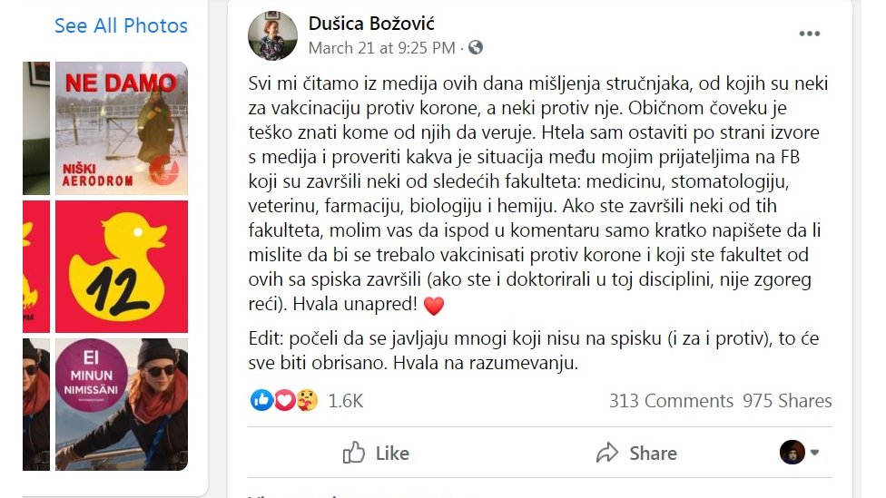 Korona virus, vakcinacija i društvene mreže: Kako se objava pretvorila u anketu o stavovima stručnjaka 2 Dobila je više odgovora nego što je očekivala