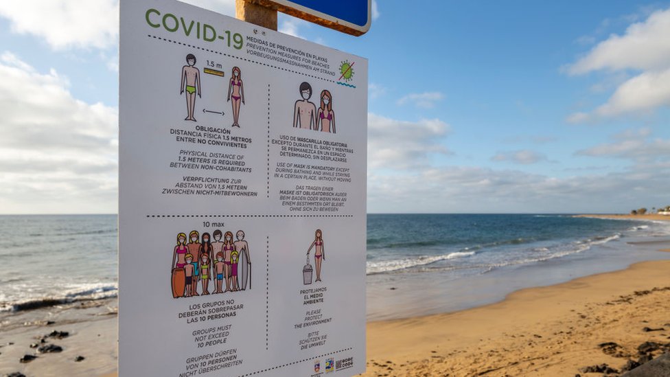A deserted beach in Lanzarote, Spain, with a billboard showing Covid-19 social distancing rules