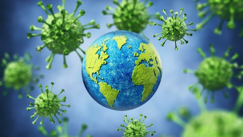 Illustration of coronaviruses and the globe