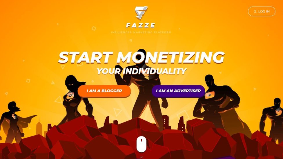 A web page for Fazze has "start monetizing your individuality" written in big letters. There are two options below - "I am an blogger" and "I am an advertiser". Above is a login button. The page is red and yellow hues, and has the profile of a number of super heroes standing in heroic poses, with social media company logos like Twitter, Facebook and Youtube, on their chests.