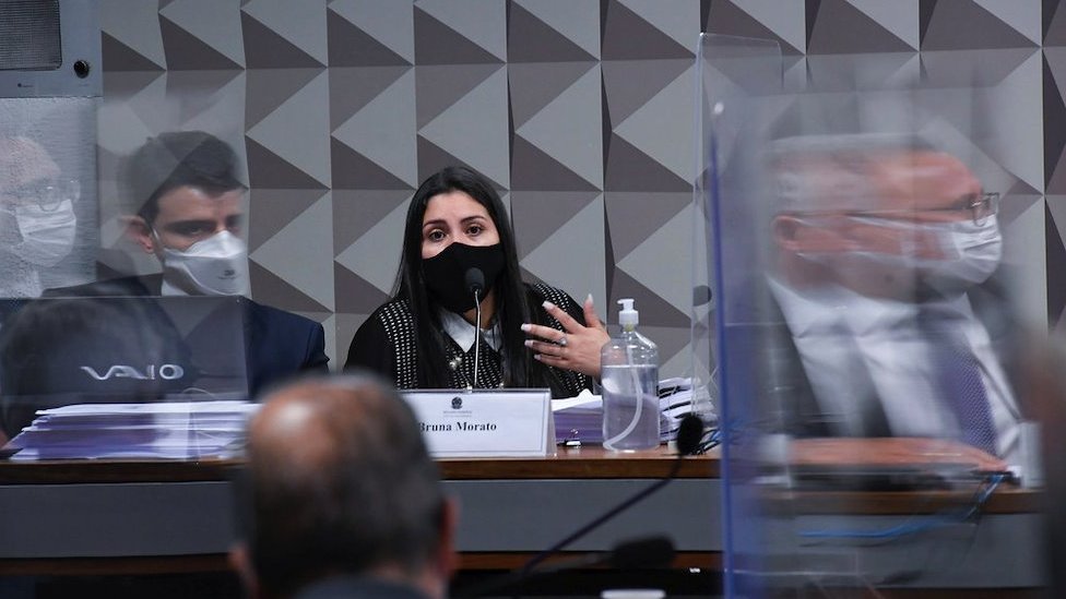 Lawyer Bruna Morato speaks at the Parliamentary Inquiry Committee to investigate government management during the COVID-19 pandemic, in Brasilia on 28 September