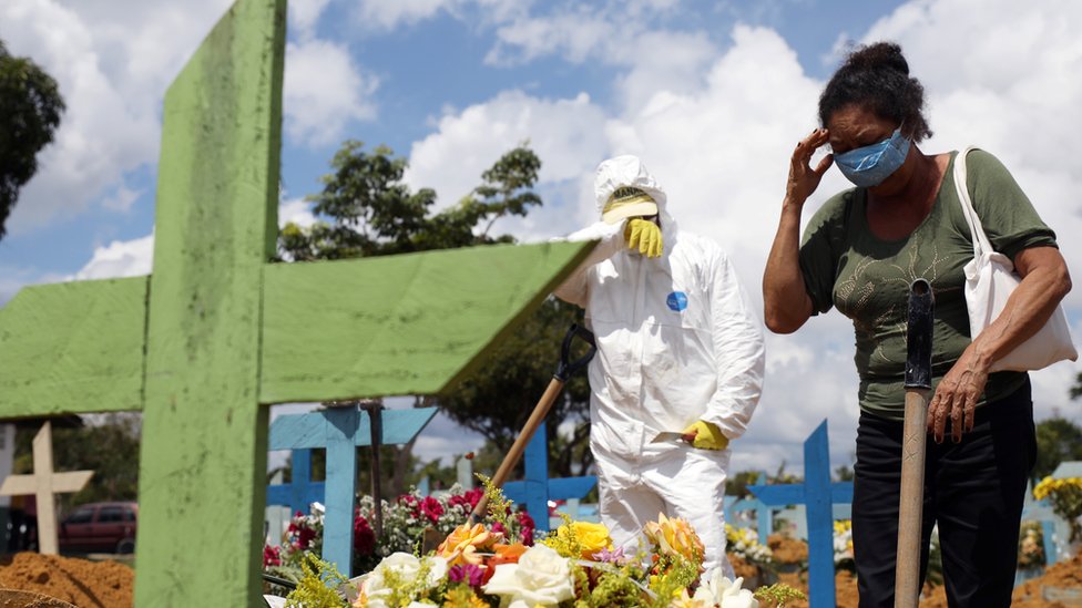 Korona virus: Više od pet miliona preminulih širom sveta, oktobar najcrnji mesec u Srbiji od početka pandemije 1 Valcenir Alves Ferreira reacts during the burial of her aunt who passed away due to the coronavirus disease, at the Parque Taruma cemetery in Manaus, Brazil, January 17th 2021