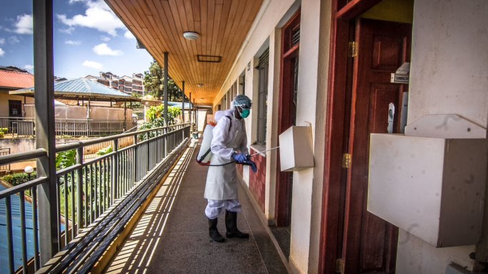 Korona virus i nauka: Odakle potiče omikron soj i kako je nastao 7 A local health official wearing a protective suit disinfecting a health centre in Kibera Slums, in Nairobi