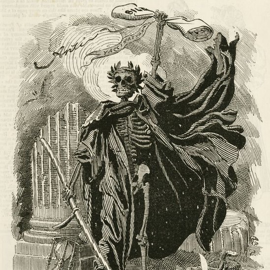 Sketch drawing of a skeleton with a black cloak holding a document labelled "Bill"