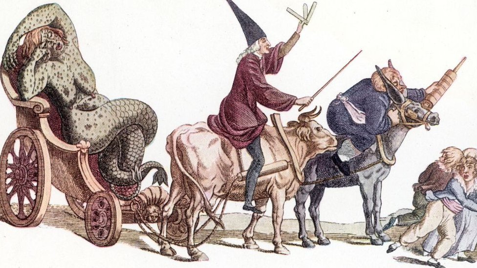 Korona virus i vakcina: Kako su antivakcinaši vršili uticaj na svet kroz istoriju 8 A French caricature from The History of Inoculation and Vaccination for the Prevention and Treatment of Disease (c. 1800) - A serpent woman reclines in a chariot as vaccinators riding a bull and horse chase terrified civilians
