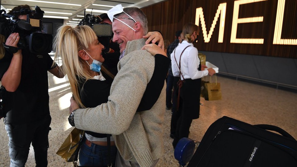 International passengers arrive at Melbourne Airport in Melbourne, Australia, 21 February 2022. Australia"s international borders have reopened without restrictions for fully vaccinated tourists and travellers.