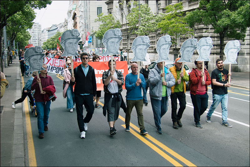 Osam rudara na celu prvomajskog protesta 2022 u organizaciji Solidarnosti Foto Katarina Drajic