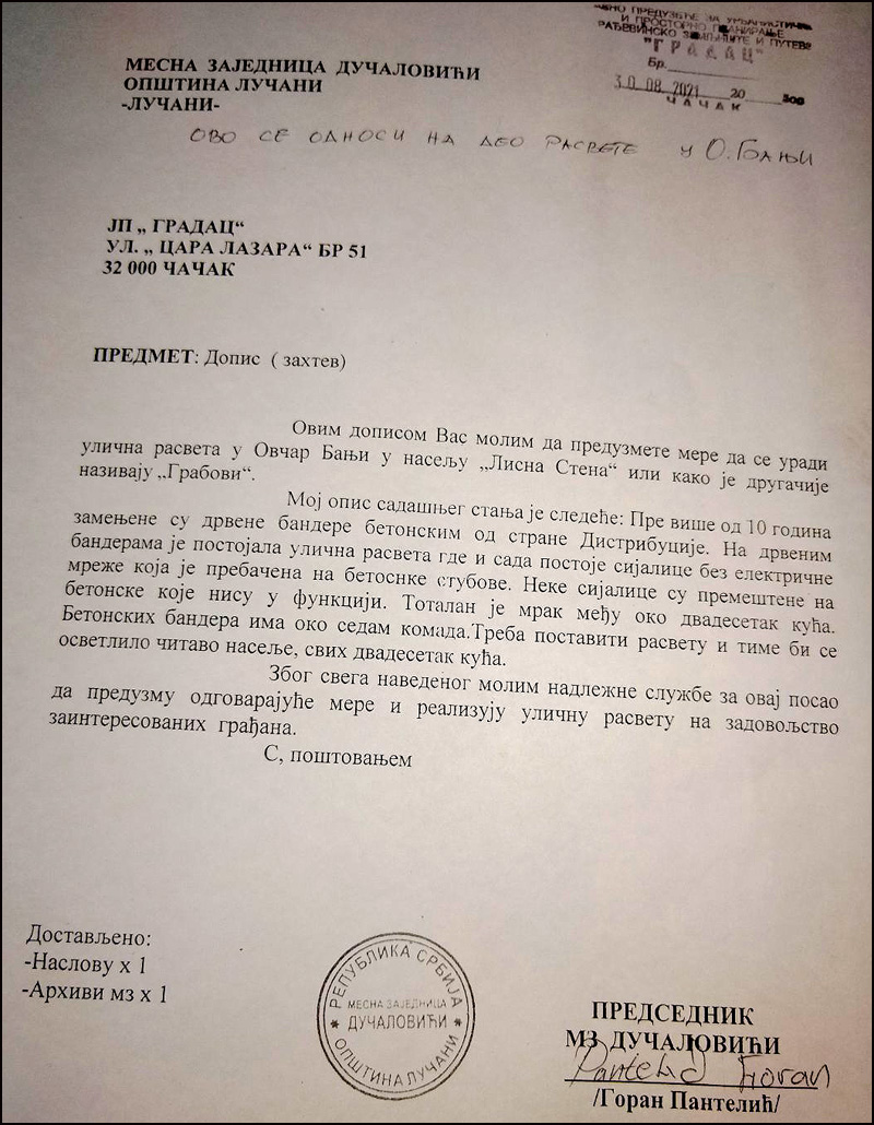 rasveta u OPB dopis za JP Gradac