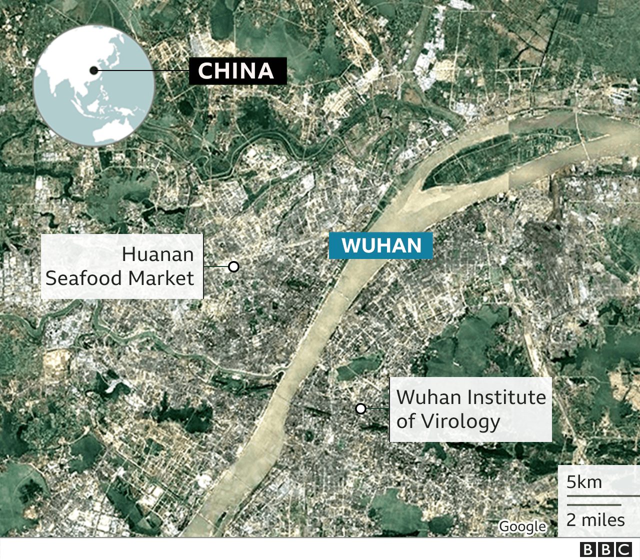 Korona virus: Kovid-19 najverovatnije potekao iz kineske laboratorije, tvrdi prvi čovek FBI-ja 2 Map showing location of Wuhan Institute of Virology in Wuhan city