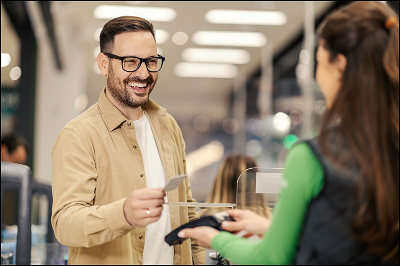 happy man checkout is paying with credit card pos terminal
