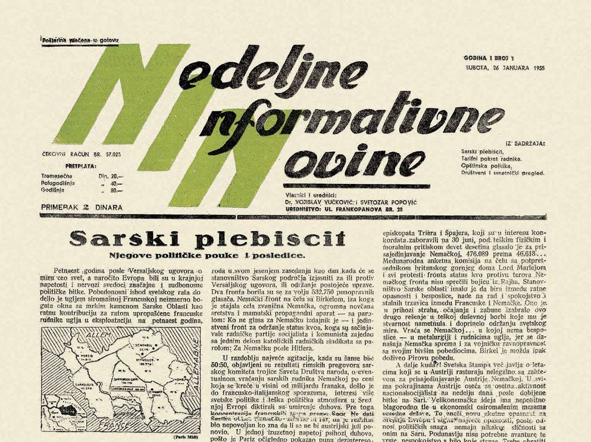 Podsećanje na zaboravljenu komunističku istoriju nedeljnika NIN 1 Deo naslovnice prvog broja NIN a januar 1935. godina. Izvor Masina