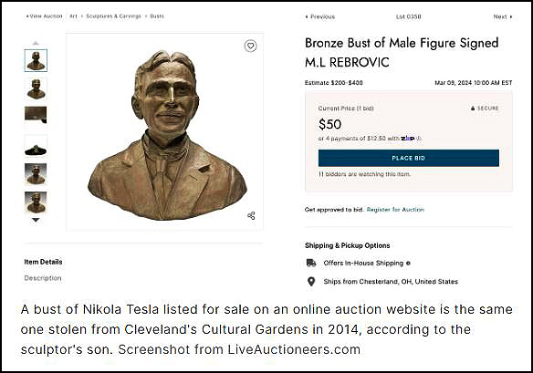 Bista Nikole Tesle na veb sajtu za onlajn aukcijе februar 2024. Snimak ekrana LiveAuctioneers