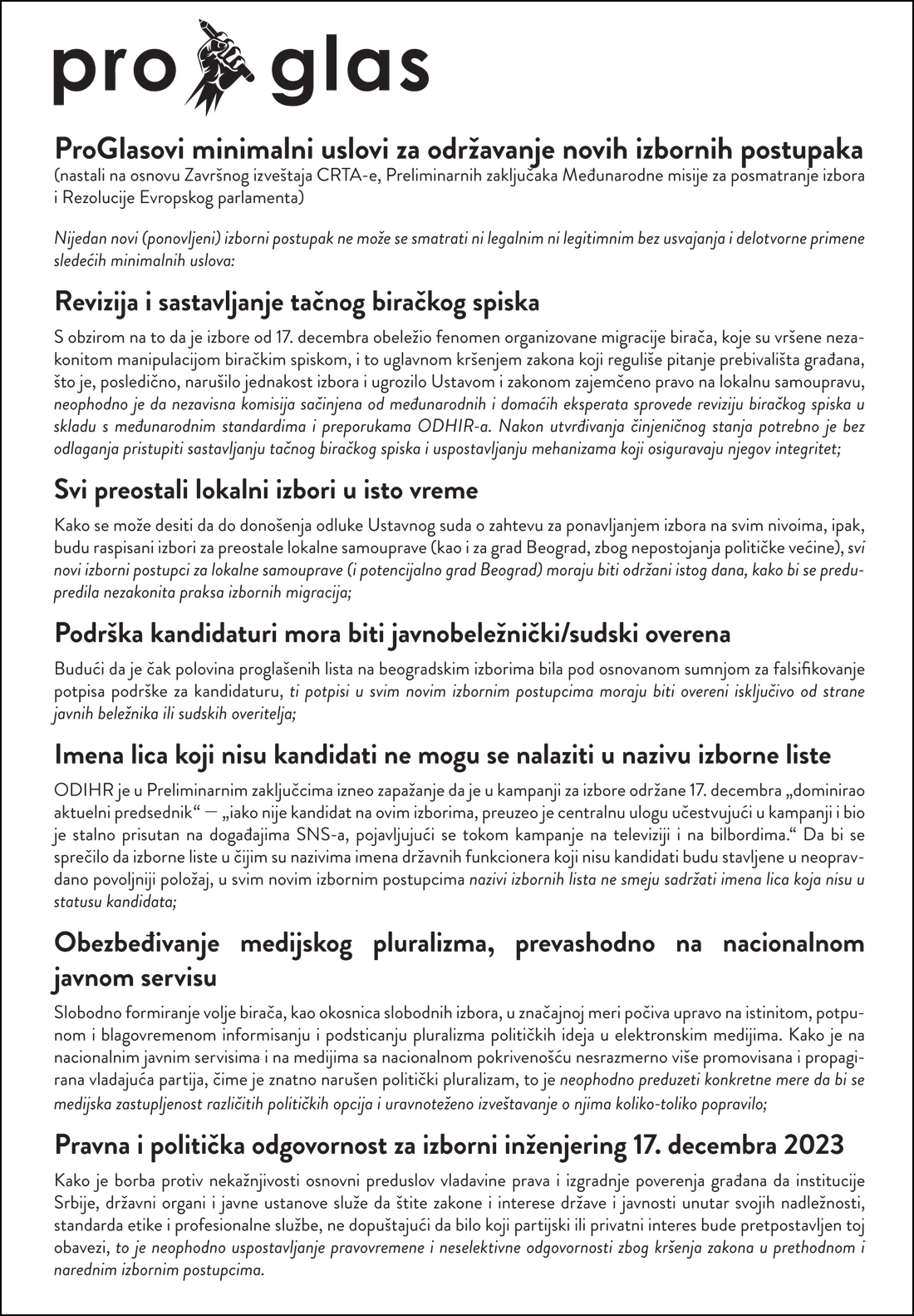 ProGlas predstavio minimalne uslove za održavanje novih izbora 2 ProGlas Uslov foto