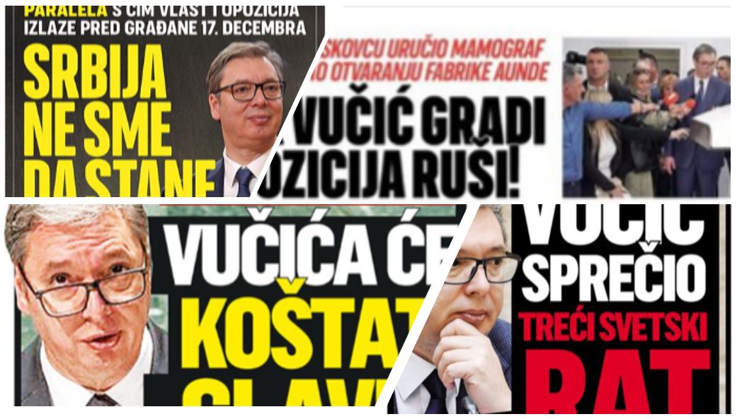 Naslovne strane 2023: Šest novina, više od 1150 manipulacija 7 Vucic gradi Vucic radi Screenshot