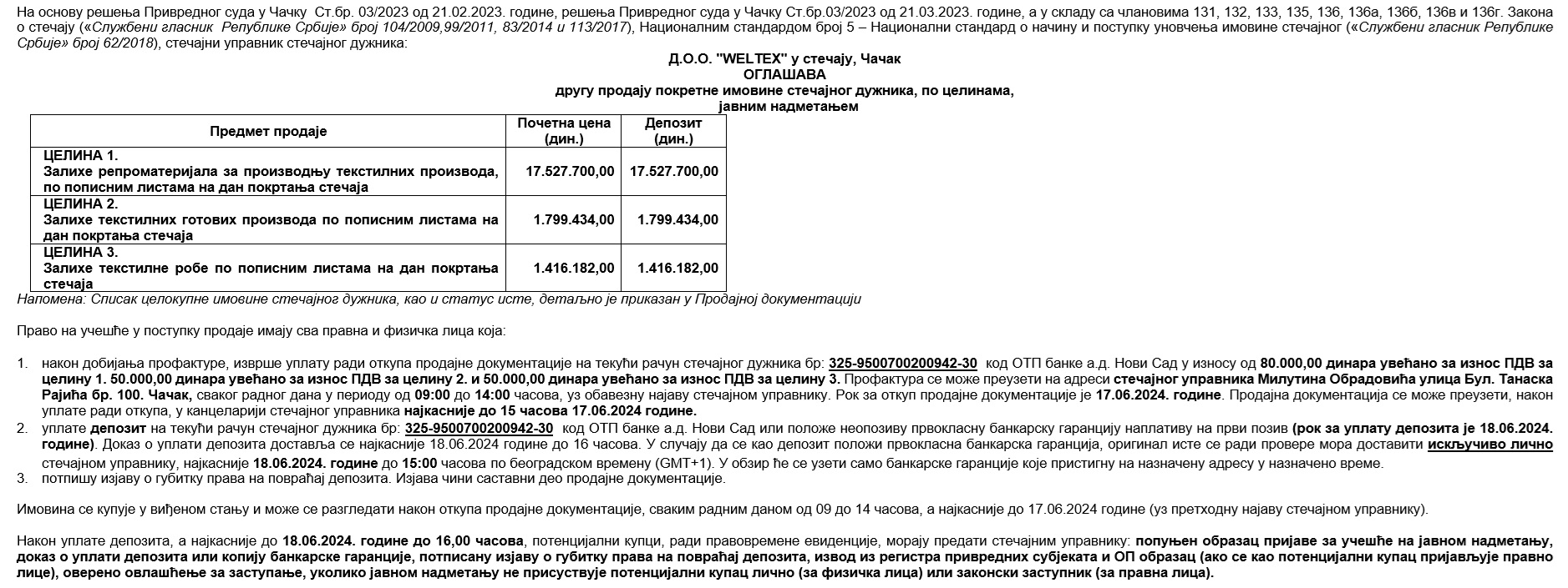Prodaje se imovina firme Weltex iz Čačka 1