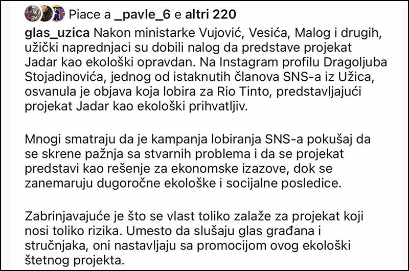 Užički većnik i naprednjak promoviše rudarenje litijuma u Jadru 4 Objava Glasa Uzica