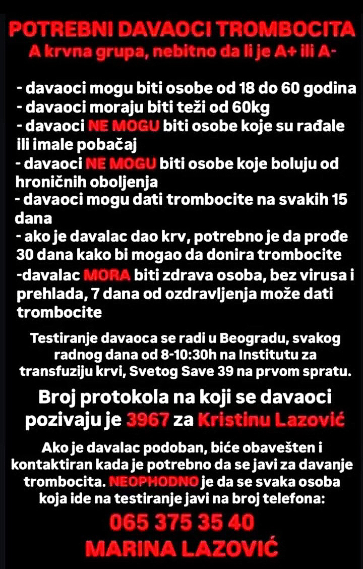 Potrebni davaoci trombocita 2 trombociti
