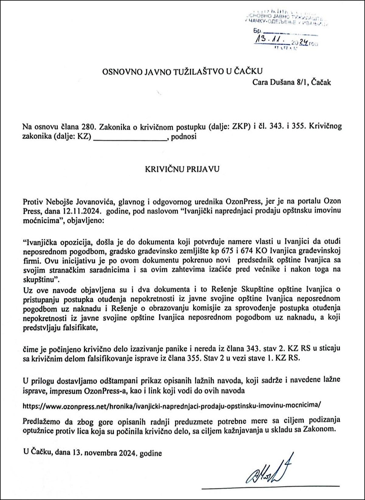 Predsednik opštine Ivanjica podneo krivičnu prijavu protiv Ozon Press-a 1 mitrovic prijava