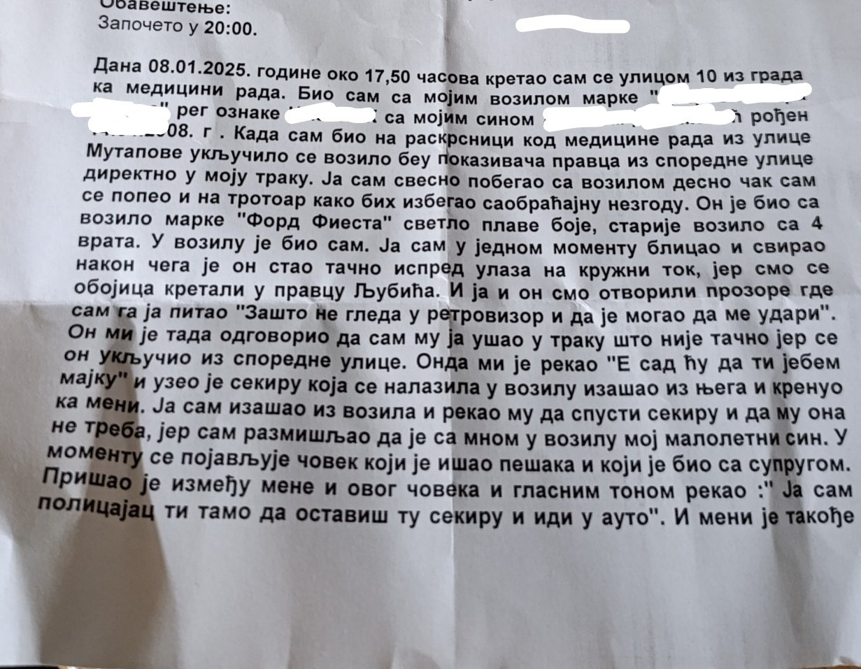 Užas na čačanskim ulicama: Napao vozača sekirom, sve to gledalo dete 2 zapisnik1