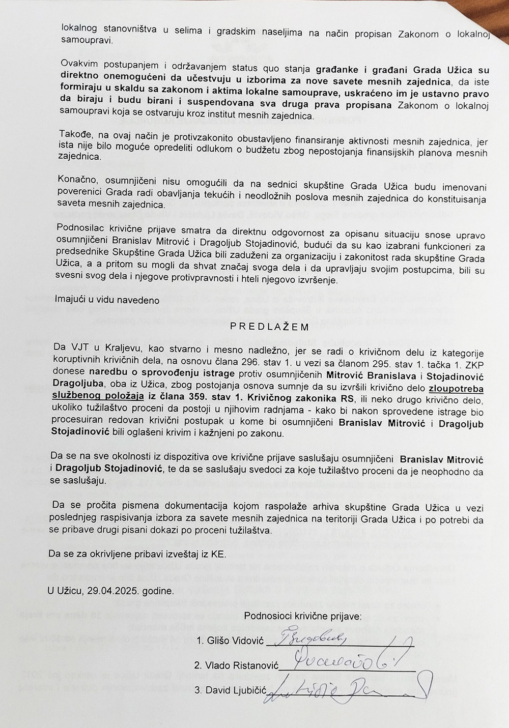 Odbornici Sloge podneli krivičnu prijavu protiv sadašnjeg i bivšeg predsednika užičke skupštine 4 Krivicna prijava 2