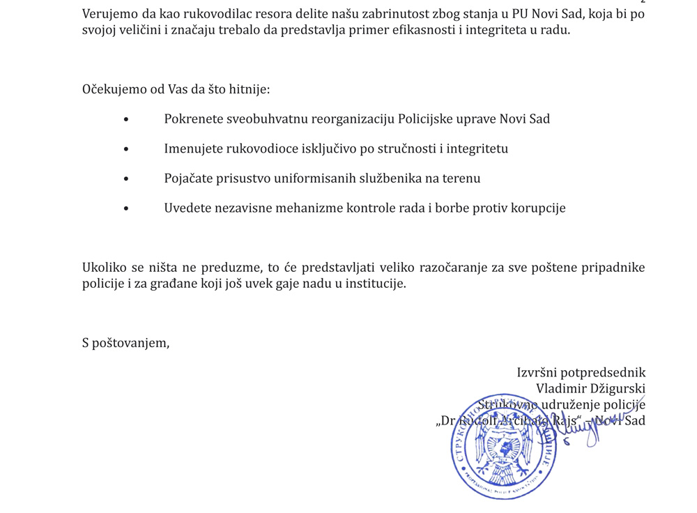 Novosadska policija ne uživa poverenje građana - pismo ministru 3 pismo 2