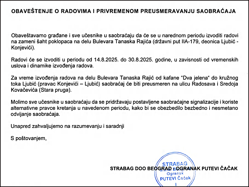 Obaveštenje o radovima na delu Bulevara Tanaska Rajića 1 Strabag