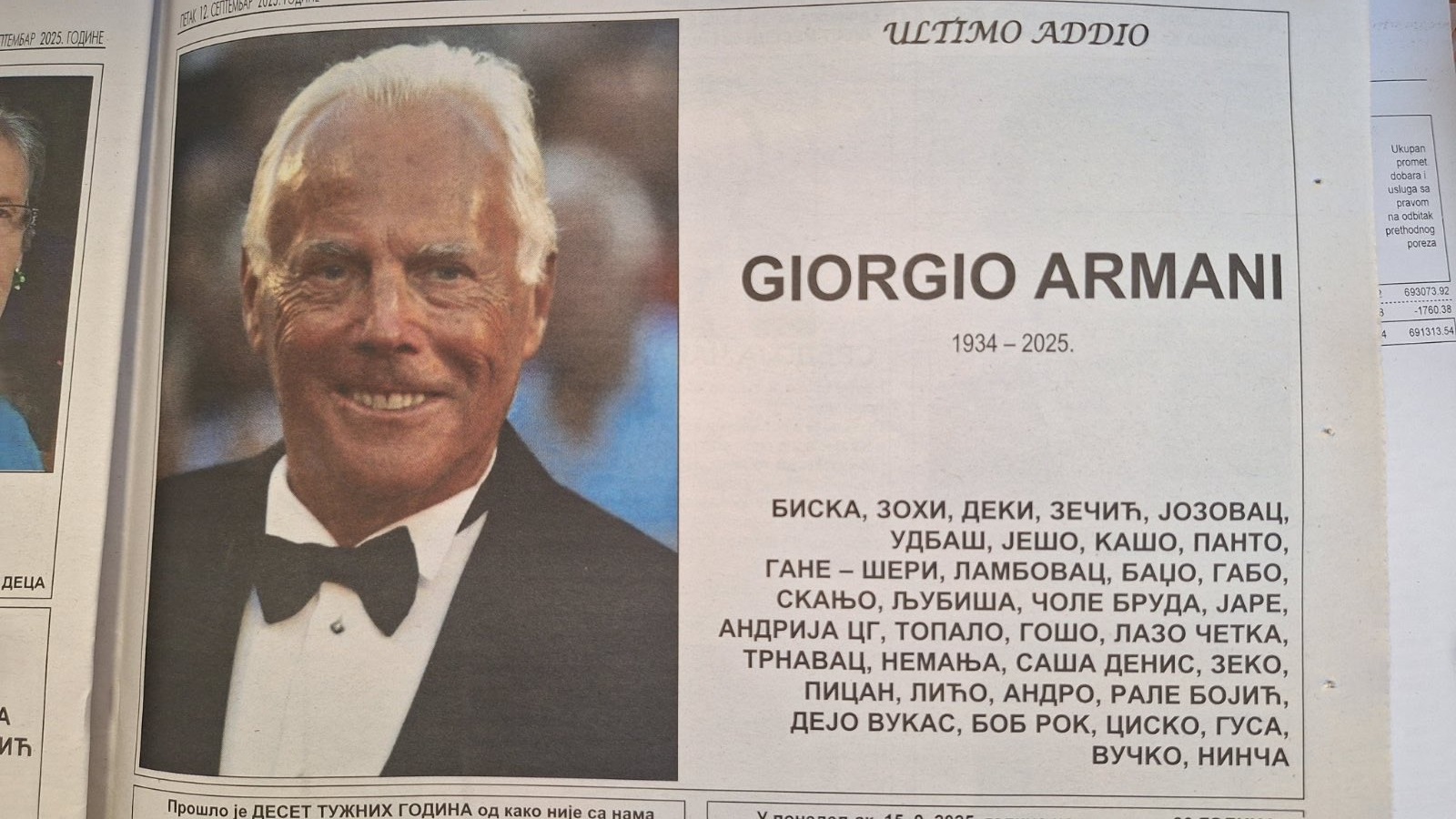 Čačanska čitulja za Armanija 1 armani