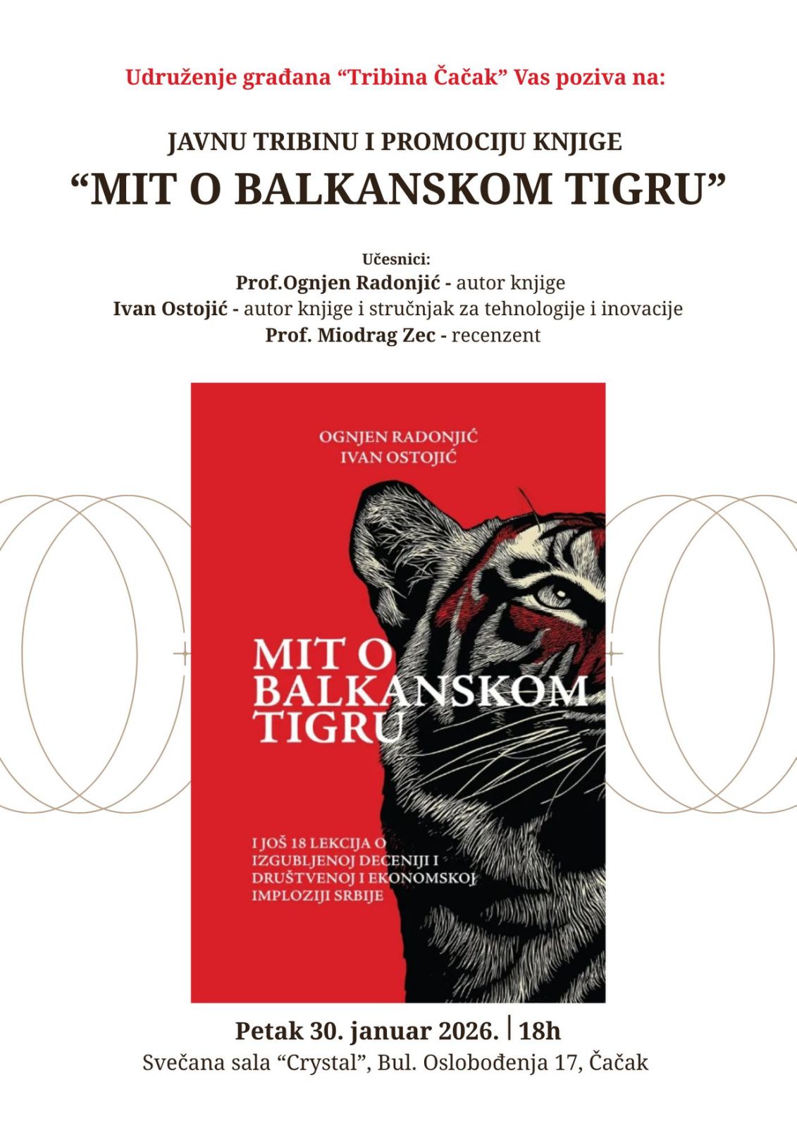 Poziv na javnu tribinu i prezentaciju knjige 2 PLAKAT MIT O BALKANSKOM TIGRU