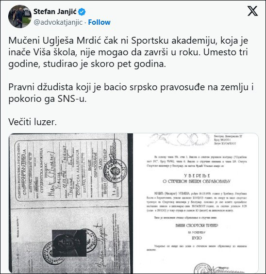 Mučeni Uglješa Mrdić Sportsku akademiju studirao pet, umesto tri godine 1 Janjic o Mrdicu