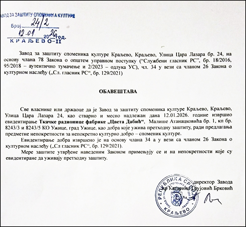 Obavestenje Zavoda iz Kraljeva