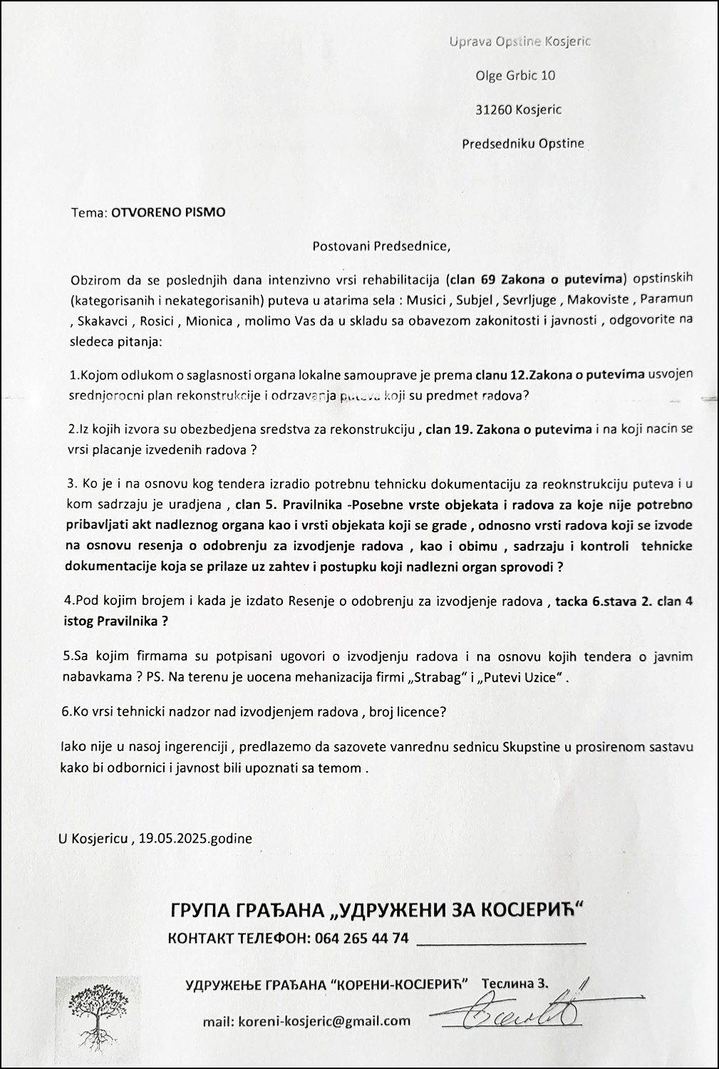 Vlast i dalje ćuti o sumnjivom trošenju para u kampanji naprednjaka u Kosjeriću 3 Pismo predsedniku opstine